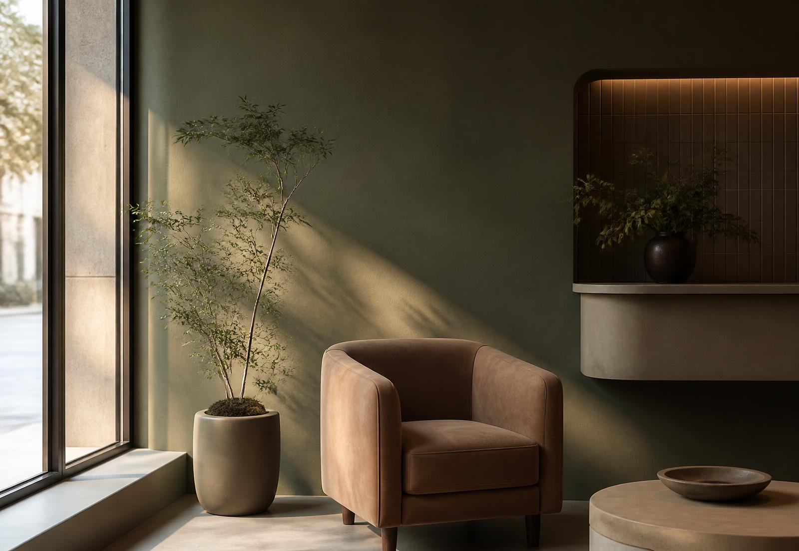 Sala de espera do consultório com luz natural, poltrona camelo e planta